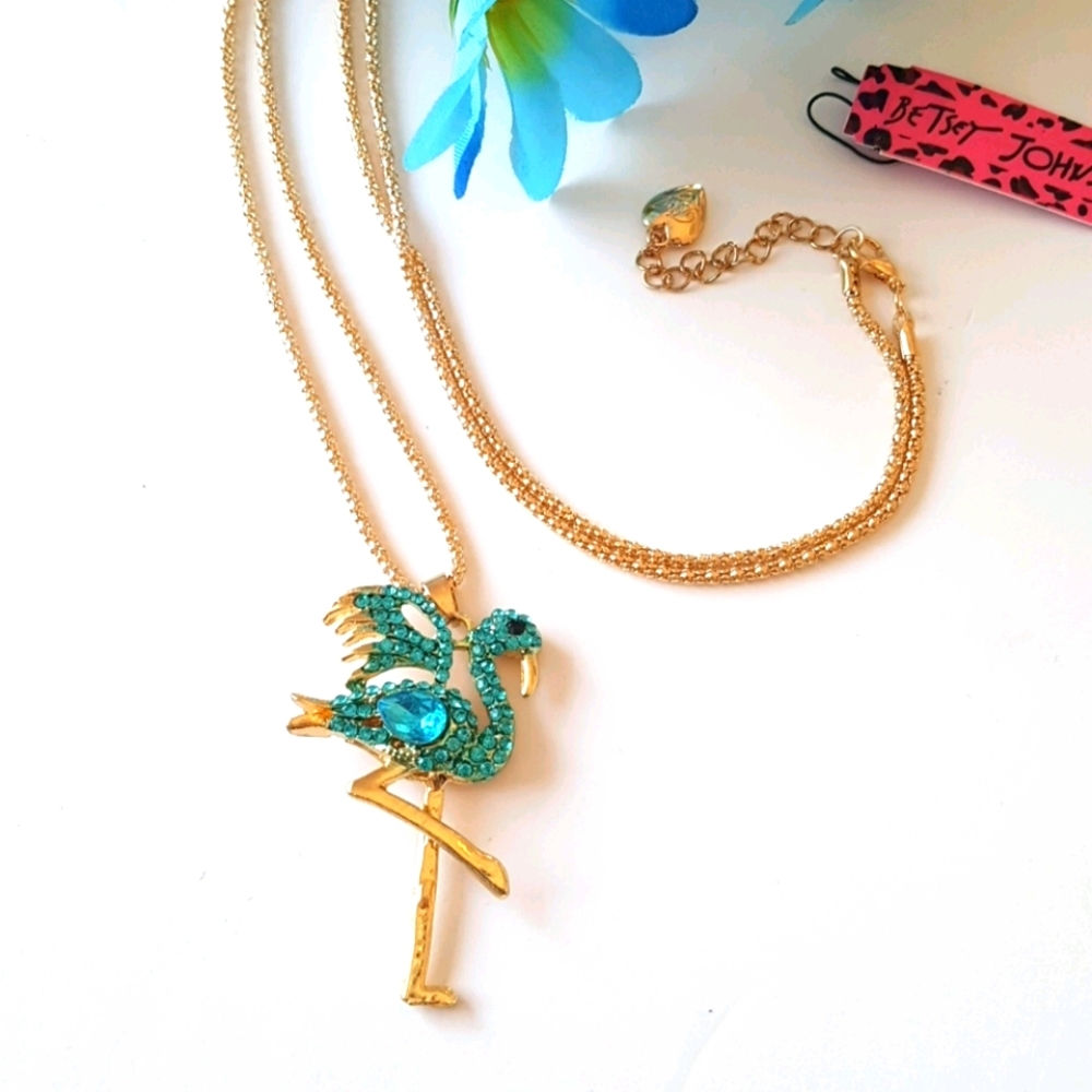 Betsey Johnson Style Necklace Flamingo Crystal Pendant Chain